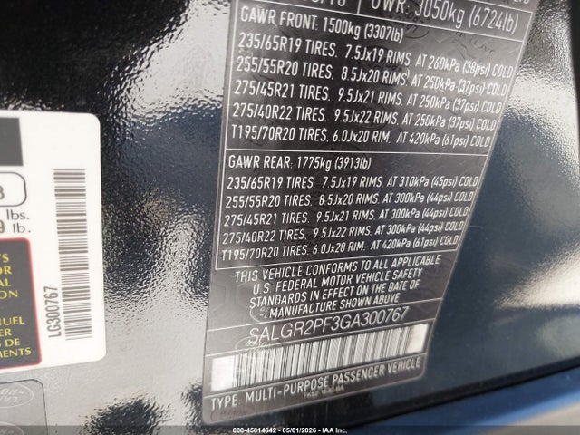 45014642 :رقم المزاد ، SALGR2PF3GA300767 vin ، 2016 Land Rover Range Rover 3.0l V6 Supercharged مزاد بيع