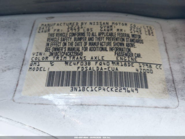 45014644 :رقم المزاد ، 3N1BC1CP4CK229649 vin ، 2012 Nissan Versa 1.8 S مزاد بيع