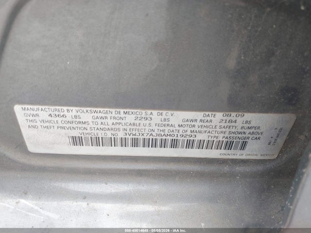 Продаж на аукціоні авто 2010 Volkswagen Jetta S, vin: 3VWJX7AJ8AM019293, номер лоту: 45014648