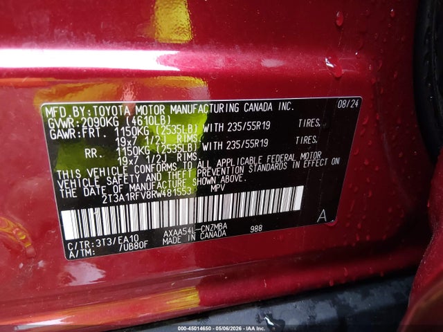 45014650 :رقم المزاد ، 2T3A1RFV8RW481553 vin ، 2024 Toyota Rav4 Xle Premium مزاد بيع