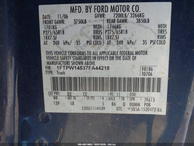 2007 Ford F-150 მანქანა იყიდება აუქციონზე, vin: 1FTPW14537FA44218, აუქციონის ნომერი: 45014663