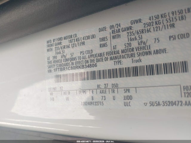 2024 Ford Transit-250 მანქანა იყიდება აუქციონზე, vin: 1FTBR1C80RKB34806, აუქციონის ნომერი: 45014671
