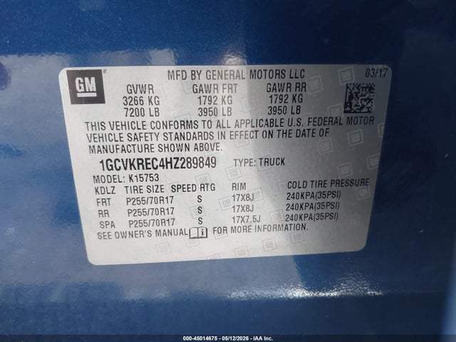 45014675 :رقم المزاد ، 1GCVKREC4HZ289849 vin ، 2017 Chevrolet Silverado 1500 1lt مزاد بيع
