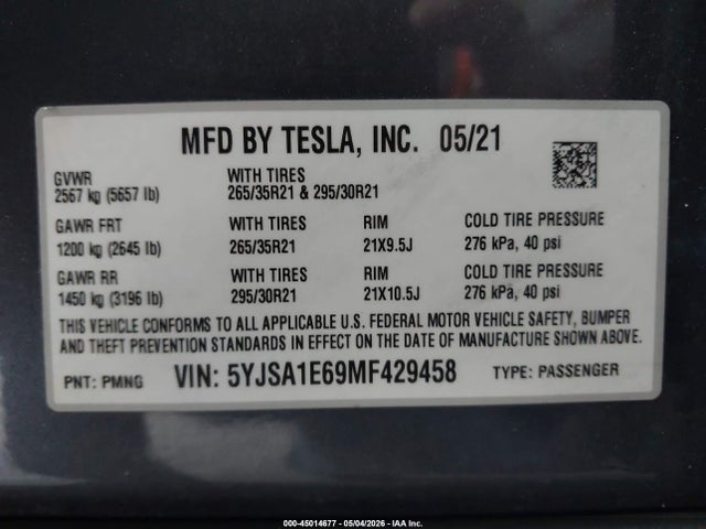 45014677 :رقم المزاد ، 5YJSA1E69MF429458 vin ، 2021 Tesla Model S Plaid Tri Motor All-wheel Drive مزاد بيع