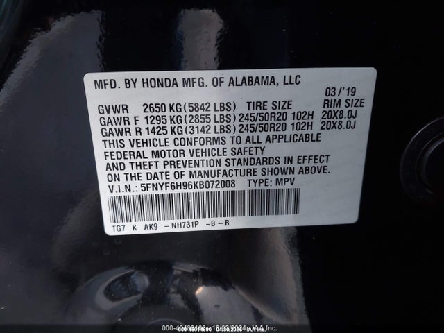Honda Pilot Touring 2019 5FNYF6H96KB072008 Image 9
