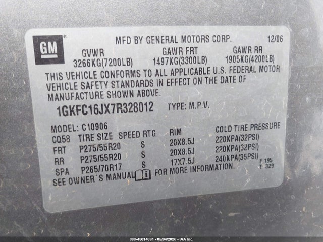 Aukcja sprzedaży 2007 Gmc Yukon Xl 1500 Slt, vin: 1GKFC16JX7R328012, numer aukcji: 45014691
