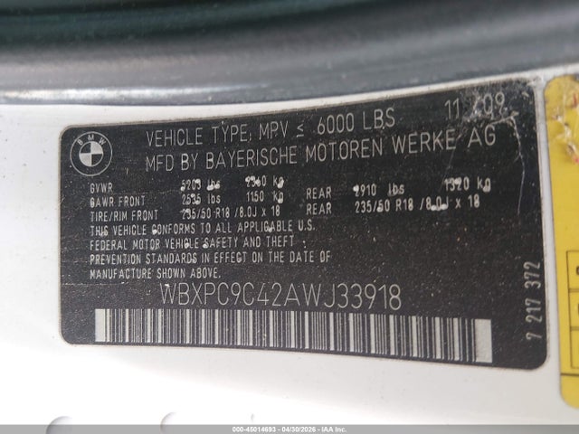 2010 Bmw X3 Xdrive30i მანქანა იყიდება აუქციონზე, vin: WBXPC9C42AWJ33918, აუქციონის ნომერი: 45014693