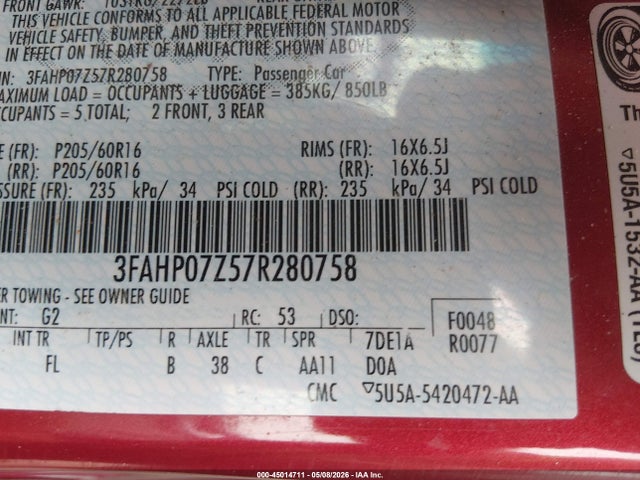 45014711 :رقم المزاد ، 3FAHP07Z57R280758 vin ، 2007 Ford Fusion Se مزاد بيع