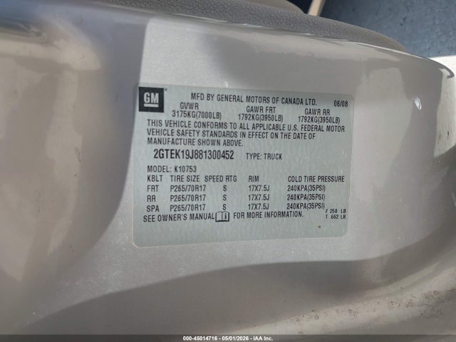 2008 Gmc Sierra 1500 Sle1 მანქანა იყიდება აუქციონზე, vin: 2GTEK19J881300452, აუქციონის ნომერი: 45014716