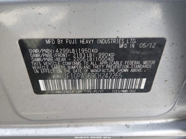 2012 Subaru Impreza 2.0i Sport Limited მანქანა იყიდება აუქციონზე, vin: JF1GPAS69CH242265, აუქციონის ნომერი: 45014719