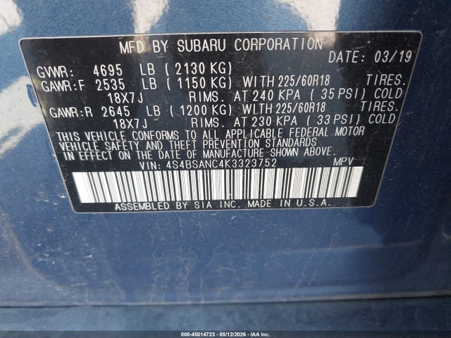 45014723 :رقم المزاد ، 4S4BSANC4K3323752 vin ، 2019 Subaru Outback 2.5i Limited مزاد بيع