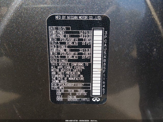 Aukcja sprzedaży 2025 Infiniti Qx50 Pure Awd, vin: 3PCAJ5AB8SF116467, numer aukcji: 45014730