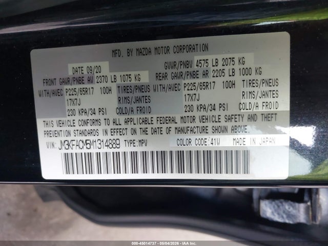 Продажа на аукционе авто 2021 Mazda Cx-5 Touring, vin: JM3KFACM5M1314889, номер лота: 45014737