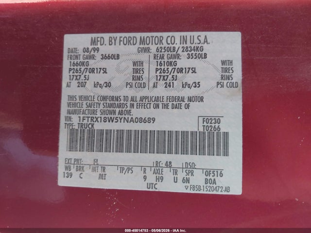 Aukcja sprzedaży 2000 Ford F-150 Lariat/work Series/xl/xlt, vin: 1FTRX18W5YNA08689, numer aukcji: 45014753