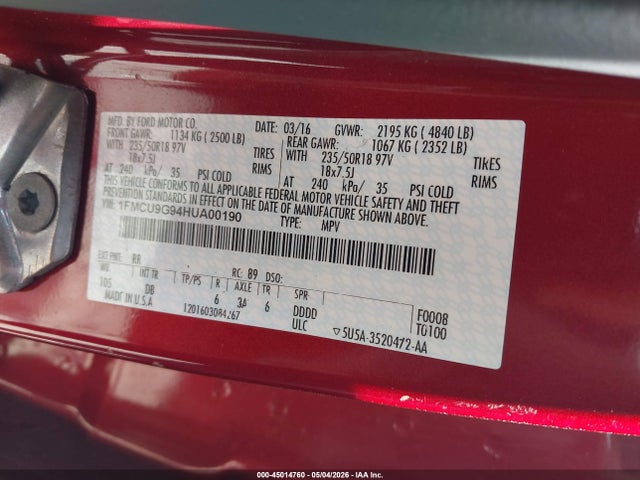 Продаж на аукціоні авто 2017 Ford Escape Se, vin: 1FMCU9G94HUA00190, номер лоту: 45014760