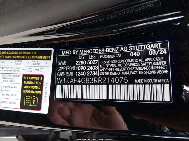 Aukcja sprzedaży 2024 Mercedes-benz C 300, vin: W1KAF4GB3RR214075, numer aukcji: 45014769