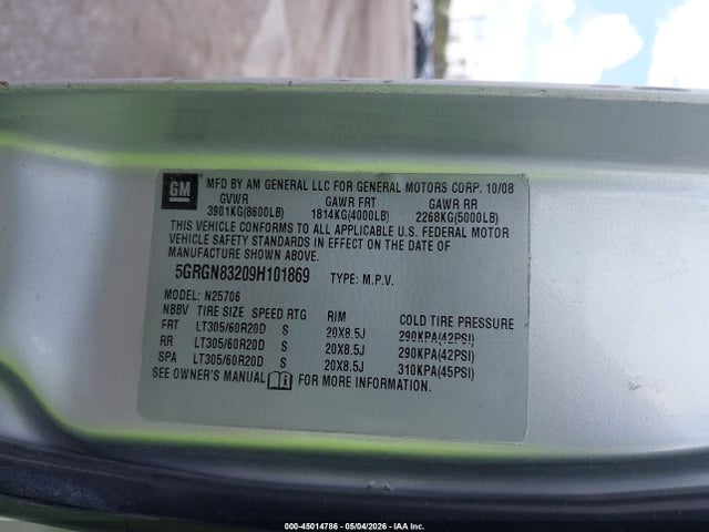 45014786 :رقم المزاد ، 5GRGN83209H101869 vin ، 2009 Hummer H2 Suv مزاد بيع