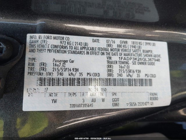 45014790 :رقم المزاد ، 1FADP3K26GL367948 vin ، 2016 Ford Focus Se مزاد بيع