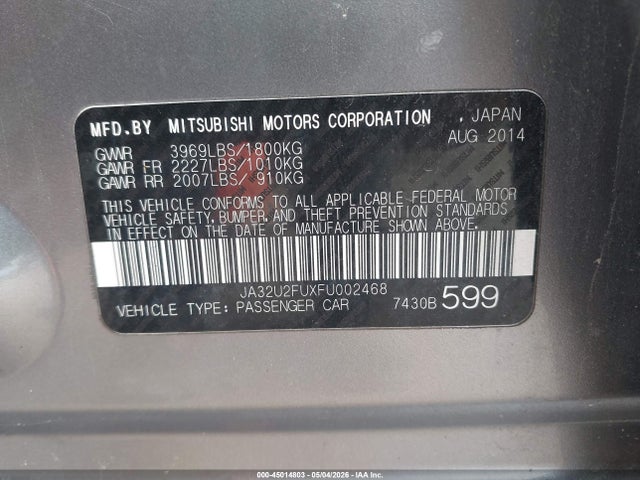 Aukcja sprzedaży 2015 Mitsubishi Lancer Es, vin: JA32U2FUXFU002468, numer aukcji: 45014803