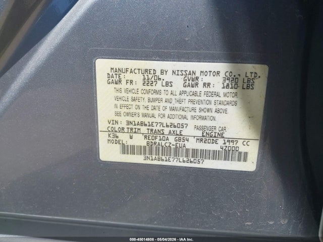 Aukcja sprzedaży 2007 Nissan Sentra 2.0, vin: 3N1AB61E77L626057, numer aukcji: 45014808