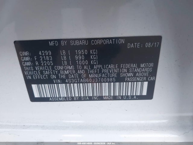 45014809 :رقم المزاد ، 4S3GTAB60J3700985 vin ، 2018 Subaru Impreza 2.0i Premium مزاد بيع