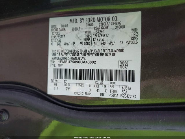 45014810 :رقم المزاد ، 1FMEU75896UA43802 vin ، 2006 Ford Explorer Limited مزاد بيع