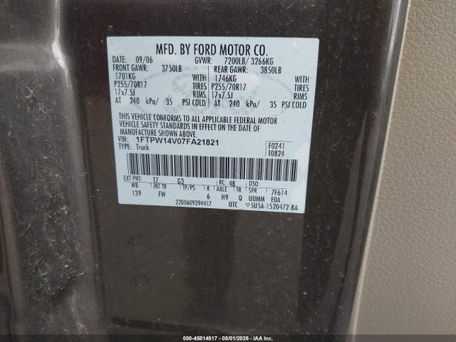 2007 Ford F-150 Fx4/lariat/xlt მანქანა იყიდება აუქციონზე, vin: 1FTPW14V07FA21821, აუქციონის ნომერი: 45014817