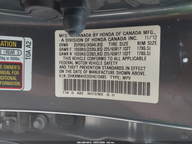 Продаж на аукціоні авто 2013 Honda Cr-v Ex, vin: 2HKRM4H53DH610485, номер лоту: 45014818