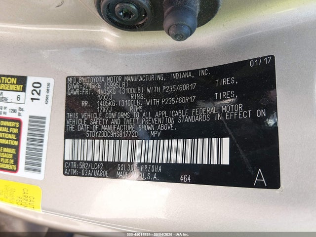 5TDYZ3DC9HS817720 Toyota Sienna Xle 8 Passenger