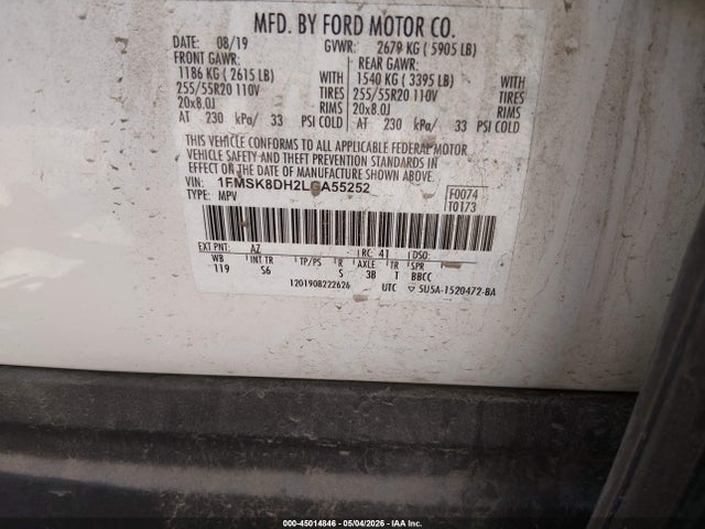 2020 Ford Explorer Xlt მანქანა იყიდება აუქციონზე, vin: 1FMSK8DH2LGA55252, აუქციონის ნომერი: 45014846