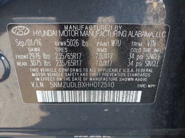 5NMZUDLBXHH012510 Hyundai Santa Fe Sport 2.4l