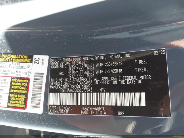 2025 Toyota Grand Highlander Xle მანქანა იყიდება აუქციონზე, vin: 5TDAAAB50SS077645, აუქციონის ნომერი: 45014857