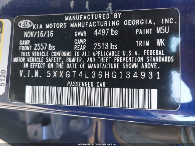 45014879 :رقم المزاد ، 5XXGT4L36HG134931 vin ، 2017 Kia Optima Lx مزاد بيع