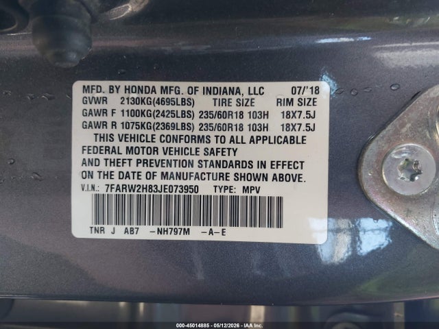 Продажа на аукционе авто 2018 Honda Cr-v Ex-l/ex-l Navi, vin: 7FARW2H83JE073950, номер лота: 45014885