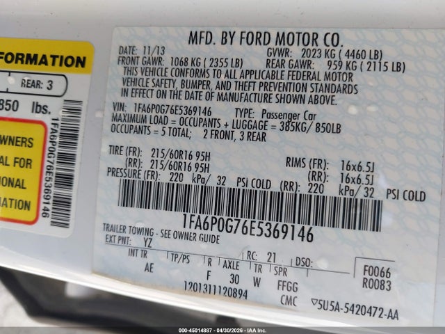 45014887 :رقم المزاد ، 1FA6P0G76E5369146 vin ، 2014 Ford Fusion S مزاد بيع