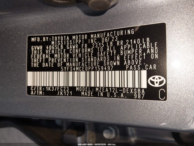 Aukcja sprzedaży 2023 Toyota Corolla Se, vin: 5YFS4MCE0PP159497, numer aukcji: 45014889