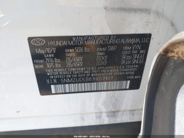 45014891 :رقم المزاد ، 5NMZUDLB8JH059489 vin ، 2018 Hyundai Santa Fe Sport 2.4l مزاد بيع