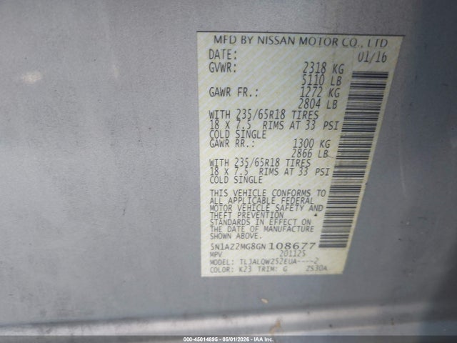 5N1AZ2MG8GN108677 Nissan Murano Platinum/s/sl/sv