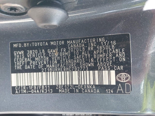 2017 Toyota Corolla Le მანქანა იყიდება აუქციონზე, vin: 2T1BURHE8HC792773, აუქციონის ნომერი: 45014900