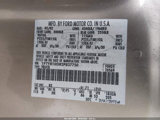 Продаж на аукціоні авто 2002 Ford Ranger Xl/xlt, vin: 1FTYR10D82PB37750, номер лоту: 45014908