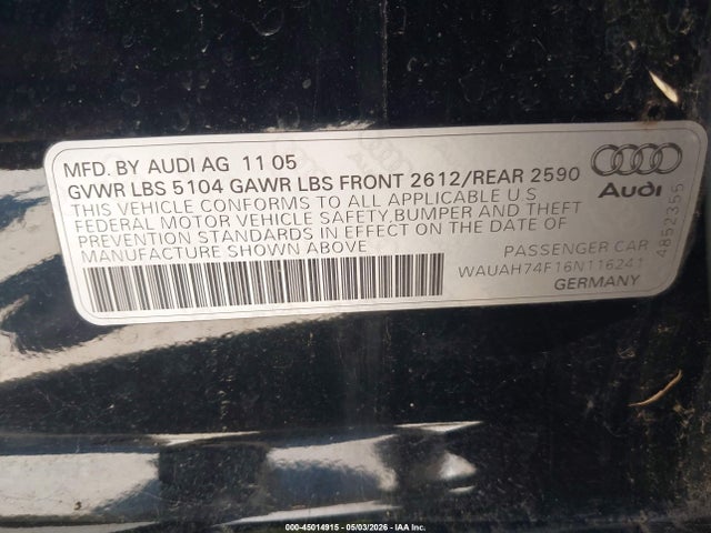 45014915 :رقم المزاد ، WAUAH74F16N116241 vin ، 2006 Audi A6 3.2 مزاد بيع