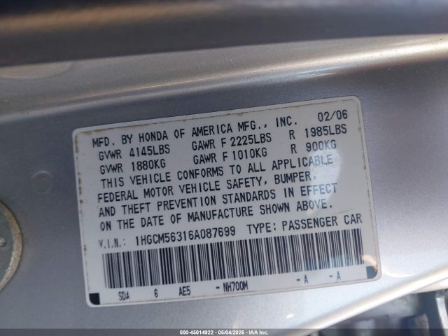 45014922 :رقم المزاد ، 1HGCM56316A087699 vin ، 2006 Honda Accord 2.4 Se مزاد بيع