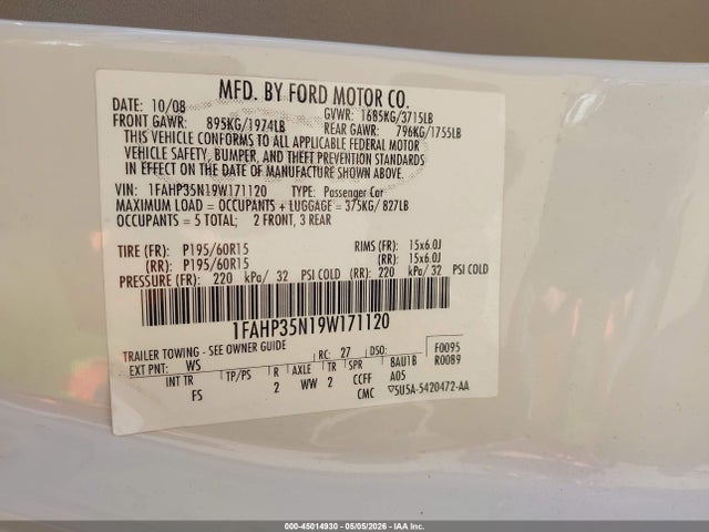 Aukcja sprzedaży 2009 Ford Focus Se, vin: 1FAHP35N19W171120, numer aukcji: 45014930