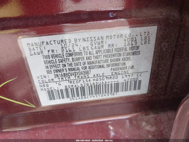2025 Nissan Sentra Sv მანქანა იყიდება აუქციონზე, vin: 3N1AB8CV4SY243987, აუქციონის ნომერი: 45014938