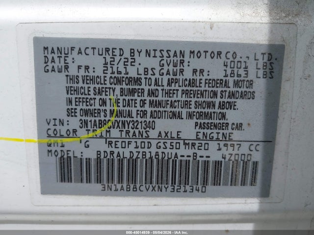 2022 Nissan Sentra Sv Xtronic Cvt მანქანა იყიდება აუქციონზე, vin: 3N1AB8CVXNY321340, აუქციონის ნომერი: 45014939