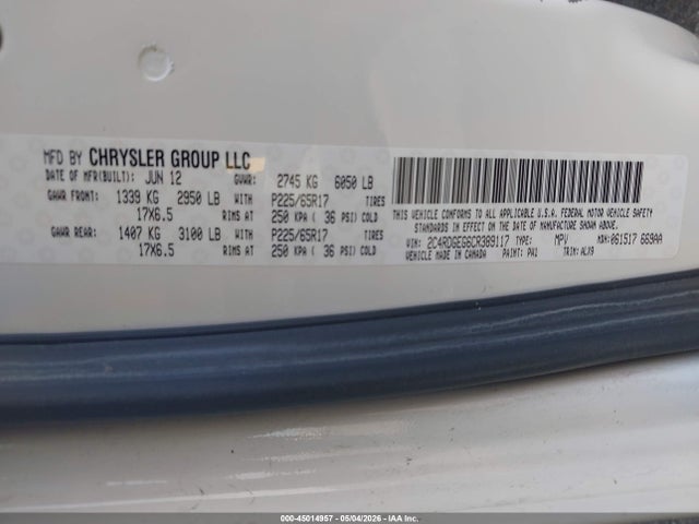 45014957 :رقم المزاد ، 2C4RDGEG6CR389117 vin ، 2012 Dodge Grand Caravan R/t مزاد بيع