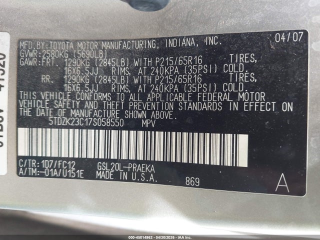 Aukcja sprzedaży 2007 Toyota Sienna Le, vin: 5TDZK23C17S058550, numer aukcji: 45014962