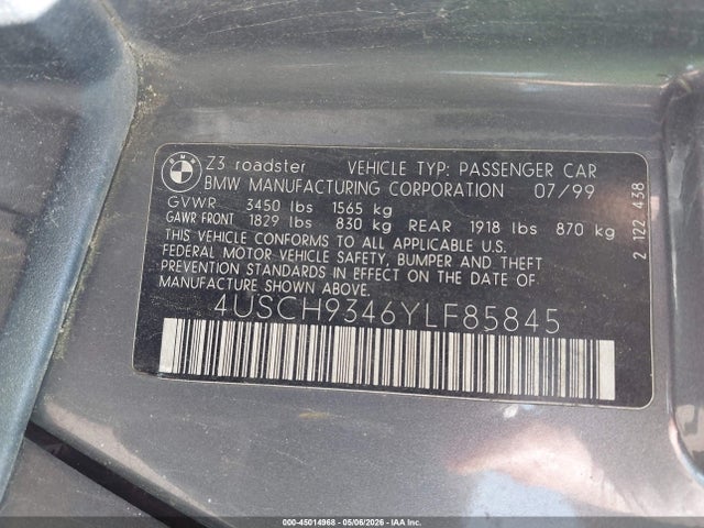 45014968 :رقم المزاد ، 4USCH9346YLF85845 vin ، 2000 Bmw Z3 2.3 مزاد بيع