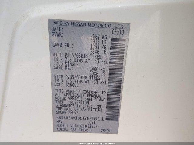 Aukcja sprzedaży 2013 Nissan Pathfinder Sl, vin: 5N1AR2MM1DC684611, numer aukcji: 45014980