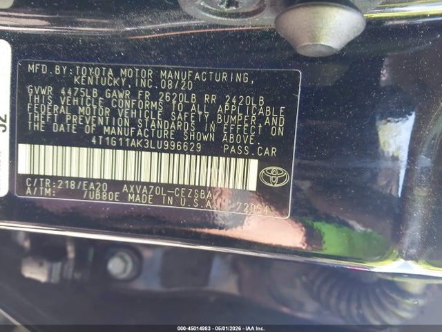 45014983 :رقم المزاد ، 4T1G11AK3LU996629 vin ، 2020 Toyota Camry Se مزاد بيع